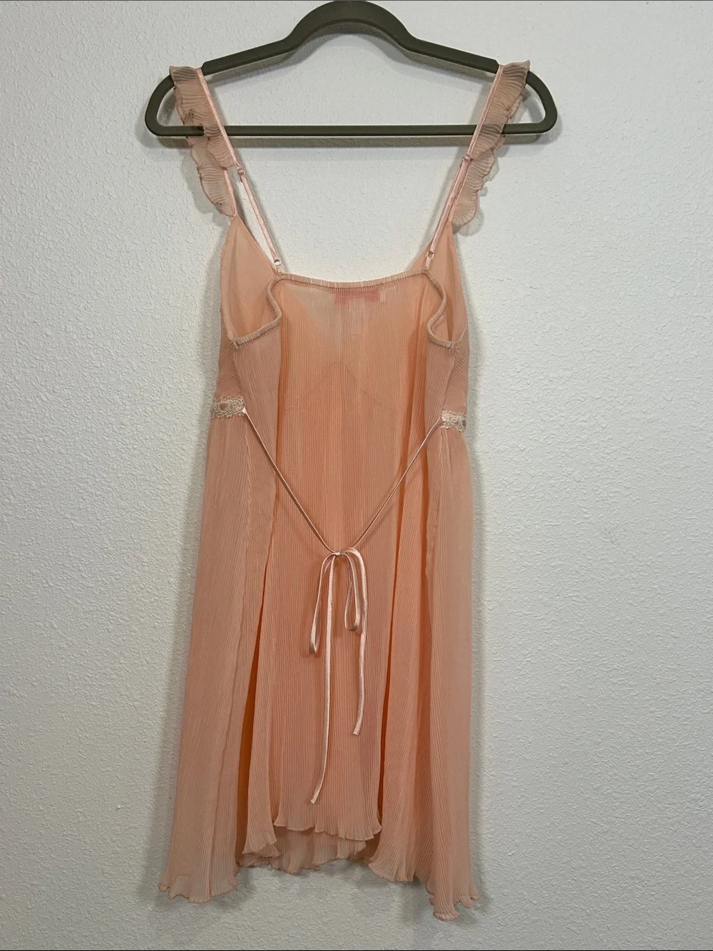 Oscar De La Renta Intimates Peach Sheer Coquette Babydoll Slip Dress Lace Trim L